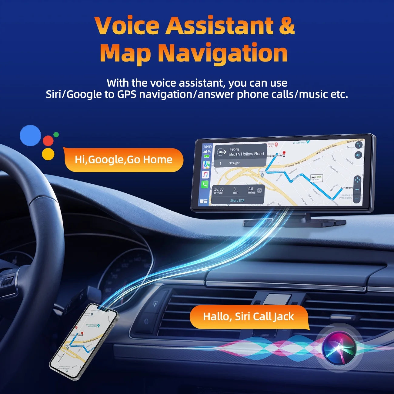 Portable Touchscreen Apple Carplay, 9.26" Wireless Carplay Screen for Car, Portable GPS Navigation for Car, Car Stereo with Airplay, AUX/FM, Googel, Siri, Bluetooth